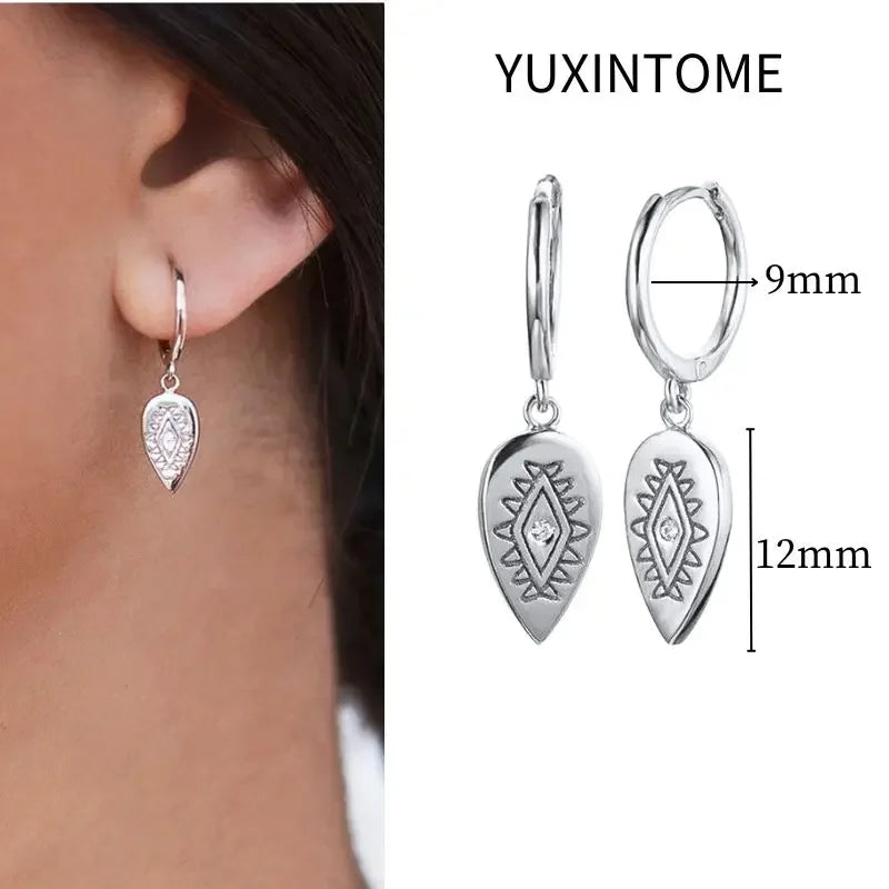 925 Sterling Silver Needle Vintage Square Round Pendant Earrings For Women Crystal Shell Geometric Earrings Fashion Jewelry