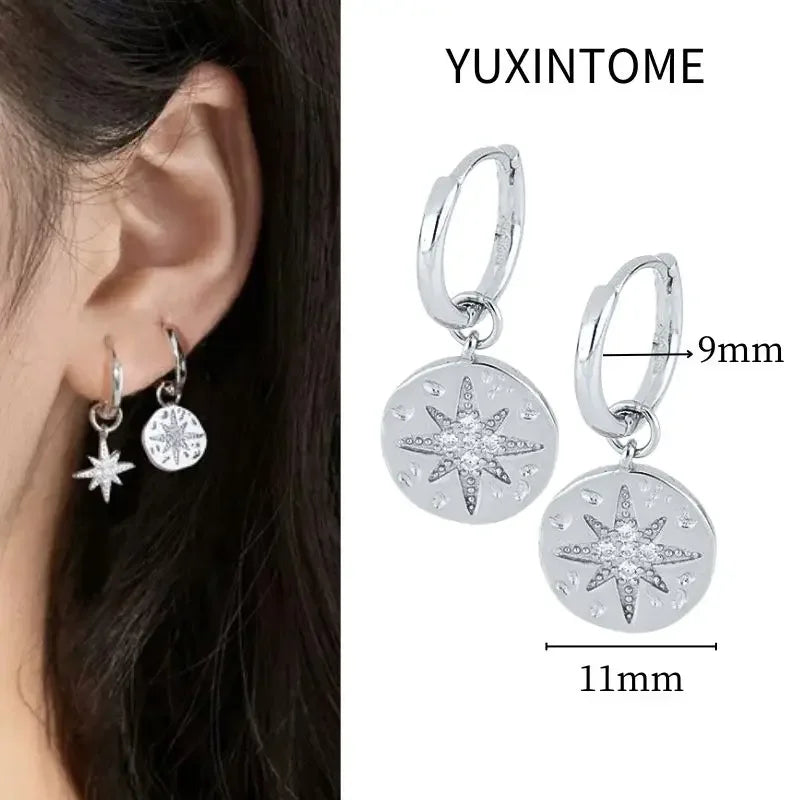 925 Sterling Silver Needle Vintage Square Round Pendant Earrings For Women Crystal Shell Geometric Earrings Fashion Jewelry
