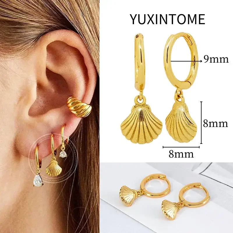 925 Sterling Silver Needle Vintage Square Round Pendant Earrings For Women Crystal Shell Geometric Earrings Fashion Jewelry