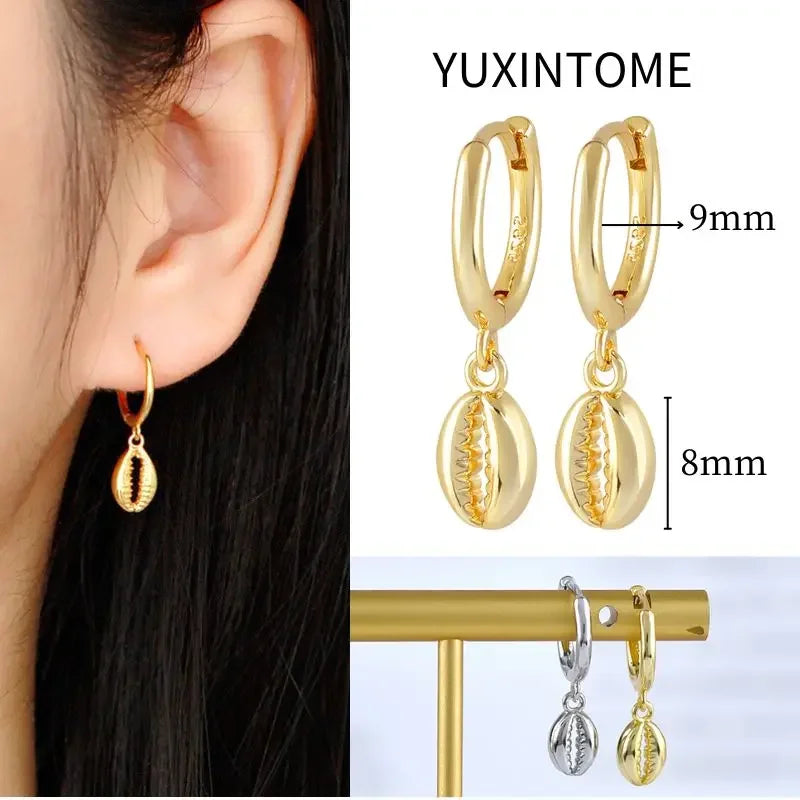 925 Sterling Silver Needle Vintage Square Round Pendant Earrings For Women Crystal Shell Geometric Earrings Fashion Jewelry