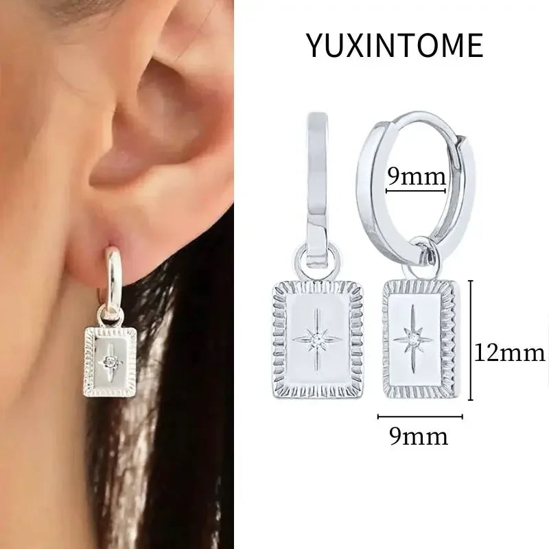 925 Sterling Silver Needle Vintage Square Round Pendant Earrings For Women Crystal Shell Geometric Earrings Fashion Jewelry