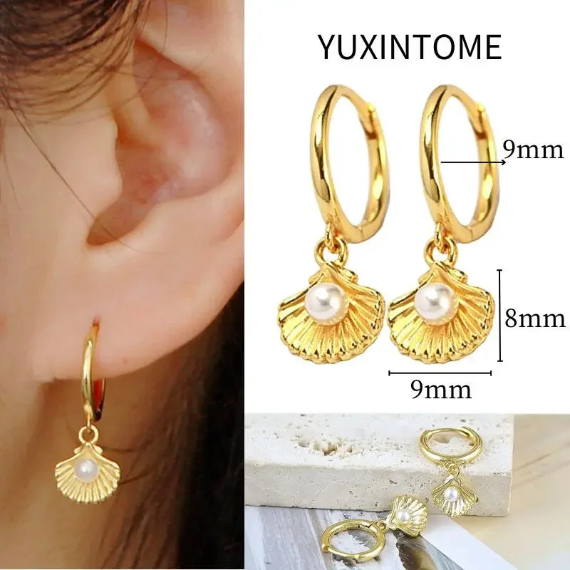 925 Sterling Silver Needle Vintage Square Round Pendant Earrings For Women Crystal Shell Geometric Earrings Fashion Jewelry