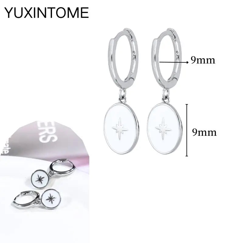 925 Sterling Silver Needle Vintage Square Round Pendant Earrings For Women Crystal Shell Geometric Earrings Fashion Jewelry