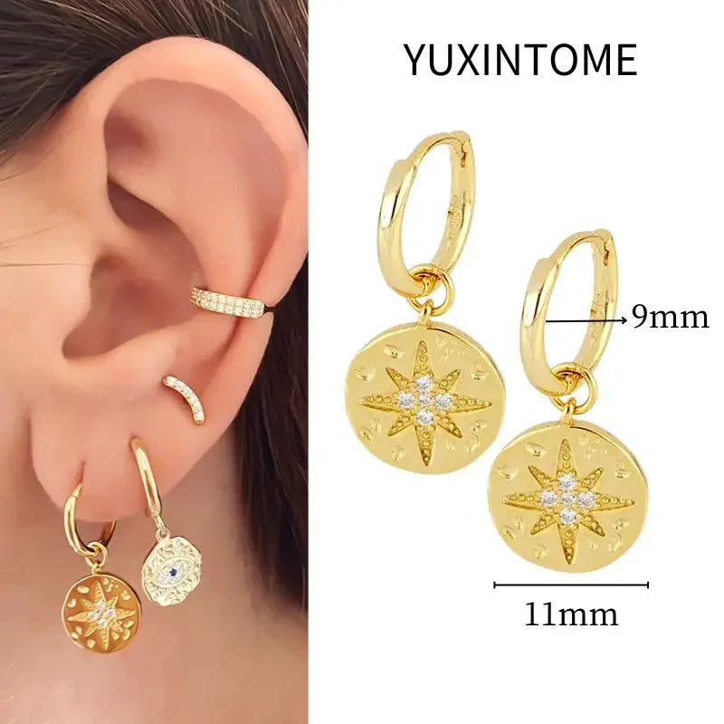 925 Sterling Silver Needle Vintage Square Round Pendant Earrings For Women Crystal Shell Geometric Earrings Fashion Jewelry
