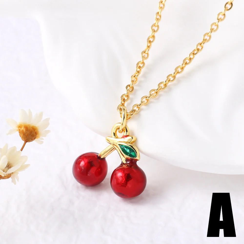 FLOLA Small Crystal Red Cherry Necklaces for Women Gold Plated Short Necklace Fruit Jewelry Gifts nkey75
