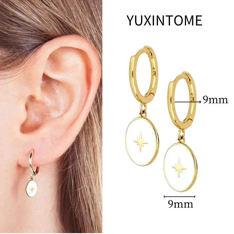 925 Sterling Silver Needle Vintage Square Round Pendant Earrings For Women Crystal Shell Geometric Earrings Fashion Jewelry