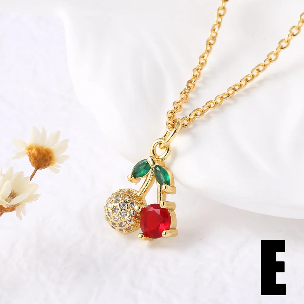 FLOLA Small Crystal Red Cherry Necklaces for Women Gold Plated Short Necklace Fruit Jewelry Gifts nkey75