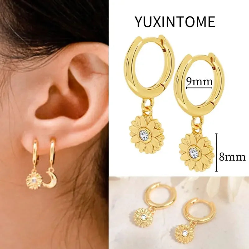 925 Sterling Silver Needle Vintage Square Round Pendant Earrings For Women Crystal Shell Geometric Earrings Fashion Jewelry
