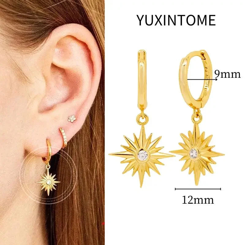 925 Sterling Silver Needle Vintage Square Round Pendant Earrings For Women Crystal Shell Geometric Earrings Fashion Jewelry