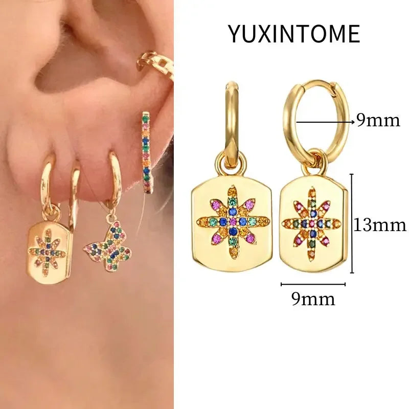 925 Sterling Silver Needle Vintage Square Round Pendant Earrings For Women Crystal Shell Geometric Earrings Fashion Jewelry