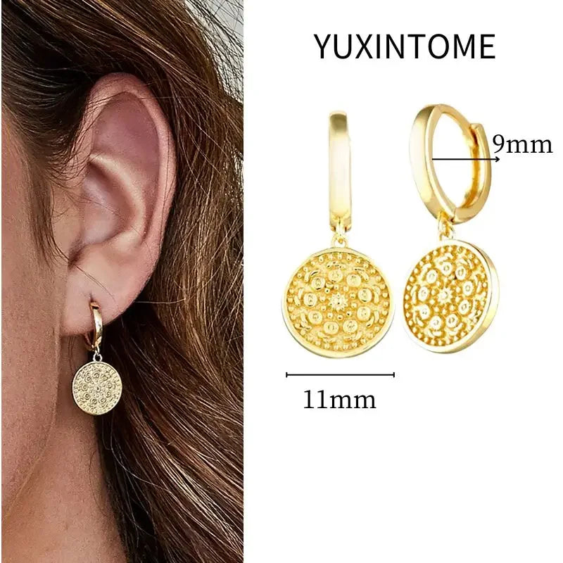 925 Sterling Silver Needle Vintage Square Round Pendant Earrings For Women Crystal Shell Geometric Earrings Fashion Jewelry