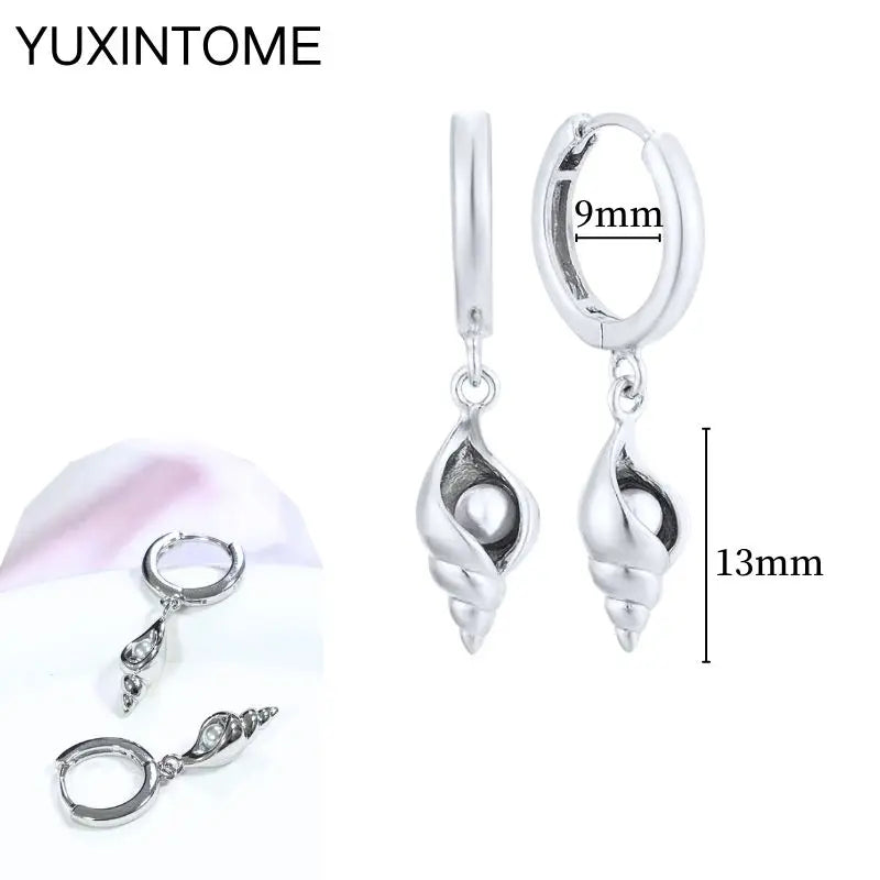 925 Sterling Silver Needle Vintage Square Round Pendant Earrings For Women Crystal Shell Geometric Earrings Fashion Jewelry