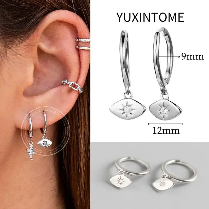 925 Sterling Silver Needle Vintage Square Round Pendant Earrings For Women Crystal Shell Geometric Earrings Fashion Jewelry