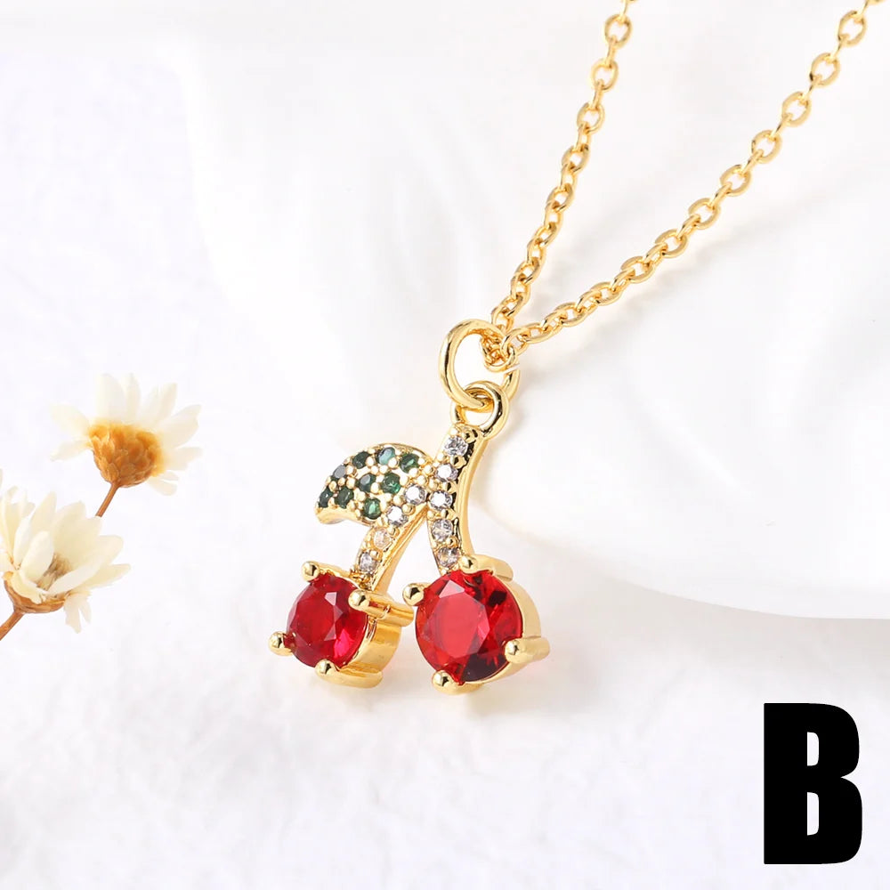FLOLA Small Crystal Red Cherry Necklaces for Women Gold Plated Short Necklace Fruit Jewelry Gifts nkey75